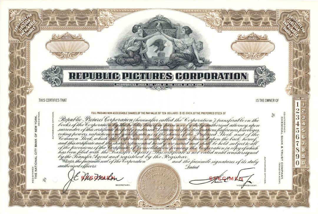 Republic Pictures Corp. - Specimen Stock Certificate - Specimen Stocks & Bonds