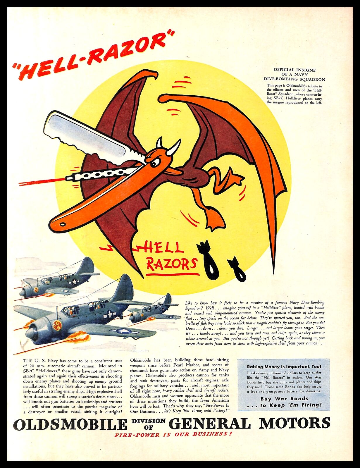 1945 Oldsmobile Aircraft Vintage PRINT AD Navy Dive Bombing Squadron Hell Razors