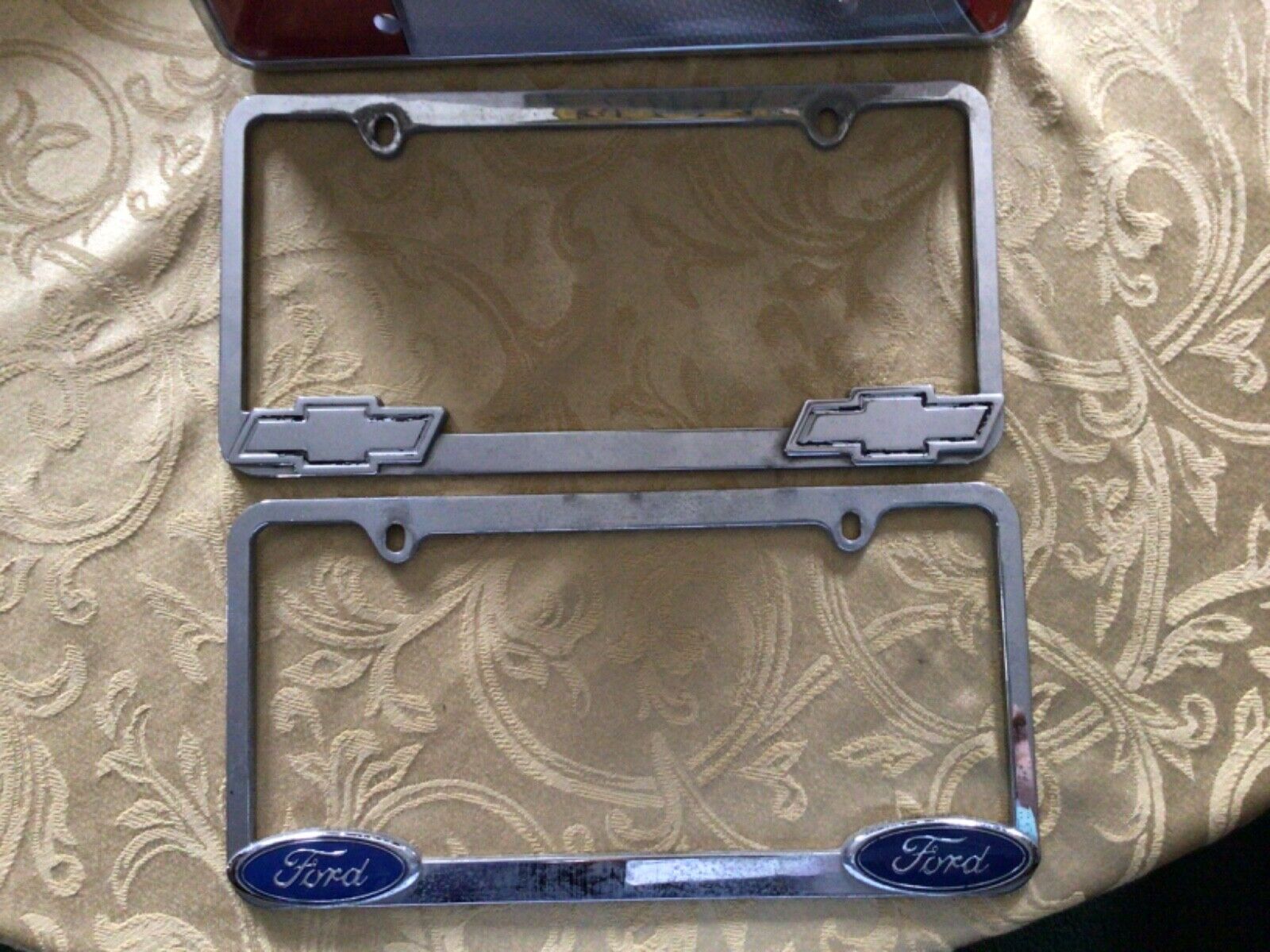 2 Vintage License Plate Holders Ford & Chevy Chevrolet