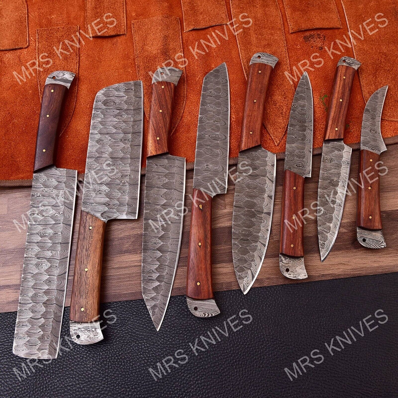 8 PIECES HANDMADE DAMASCUS Steel Full Tang CHEF KNIFE SET W/SHEATH ROSE WOOD