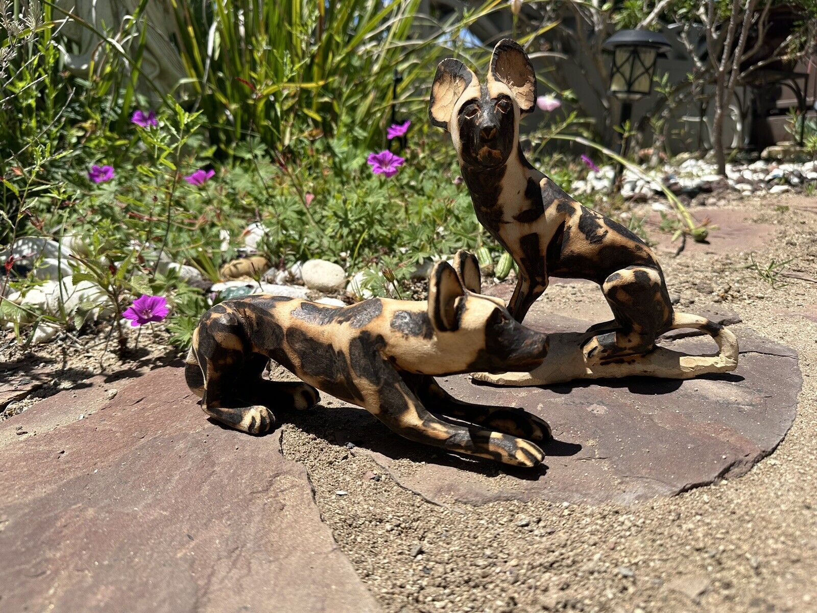 Zimbabwean Wood Carving African Wild Dog Painted Dog Wildlife Art Two Carvings