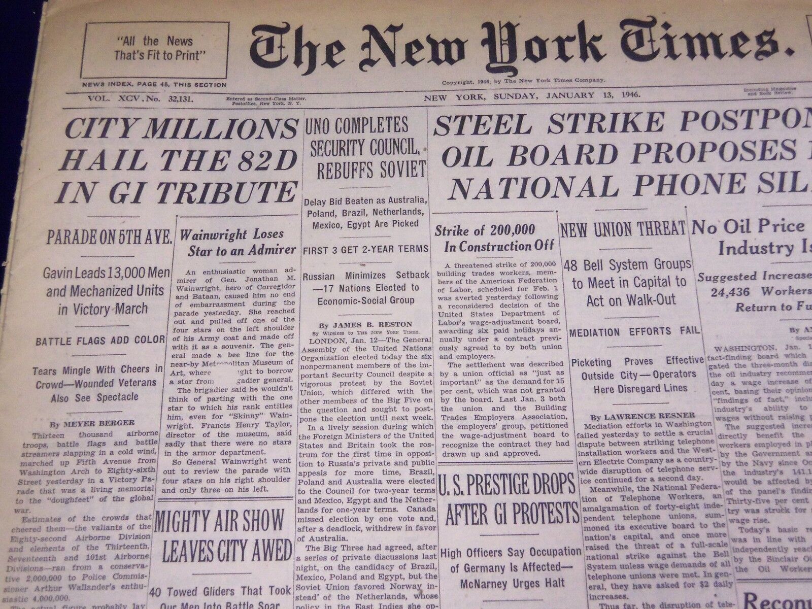 1946 JAN 13 NEW YORK TIMES - CITY MILLIONS HAIL THE 82D IN GI TRIBUTE - NT 2333