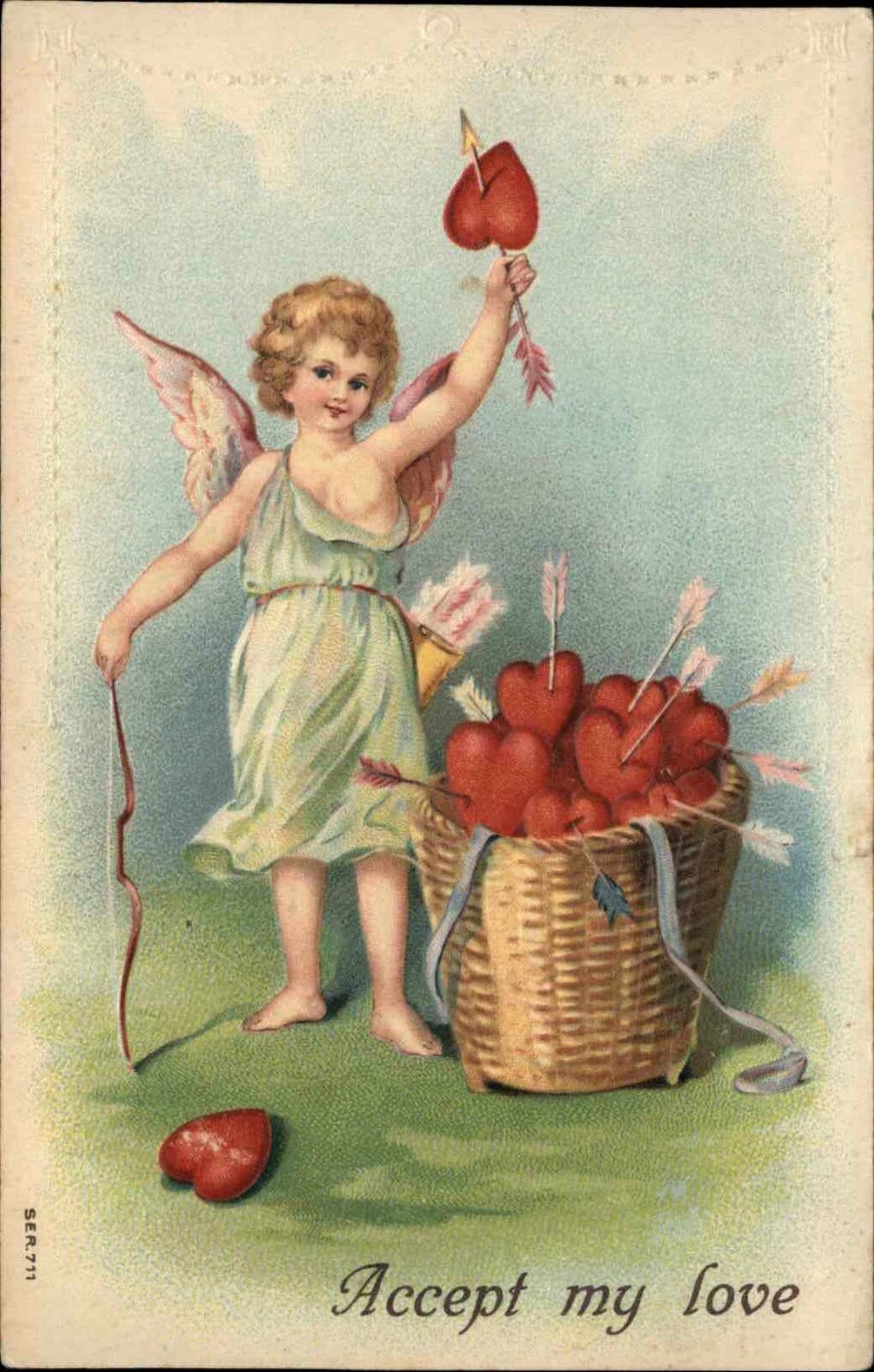 VALENTINE FANTASY Cupid w Heart Staked by Arrow c1910 Postcard
