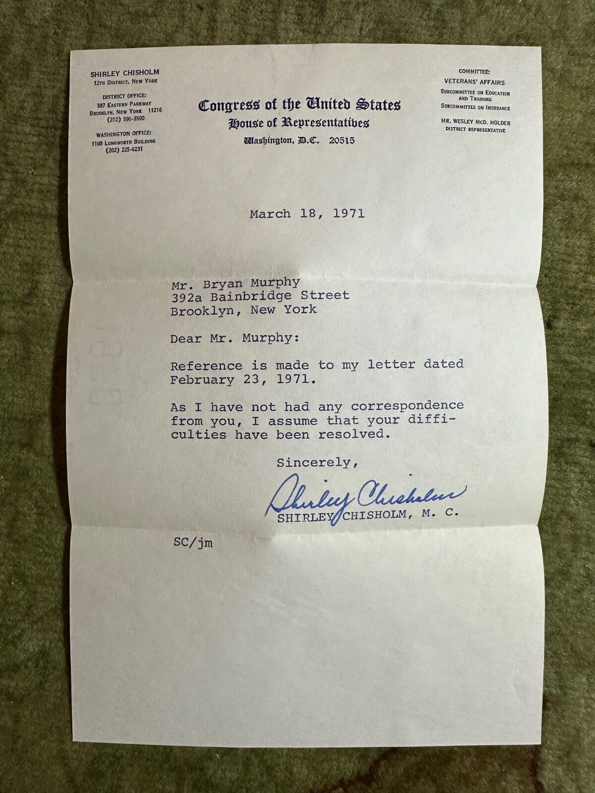 SHIRLEY CHISHOLM Autographed / Signed Letter on Congressional Letterhead