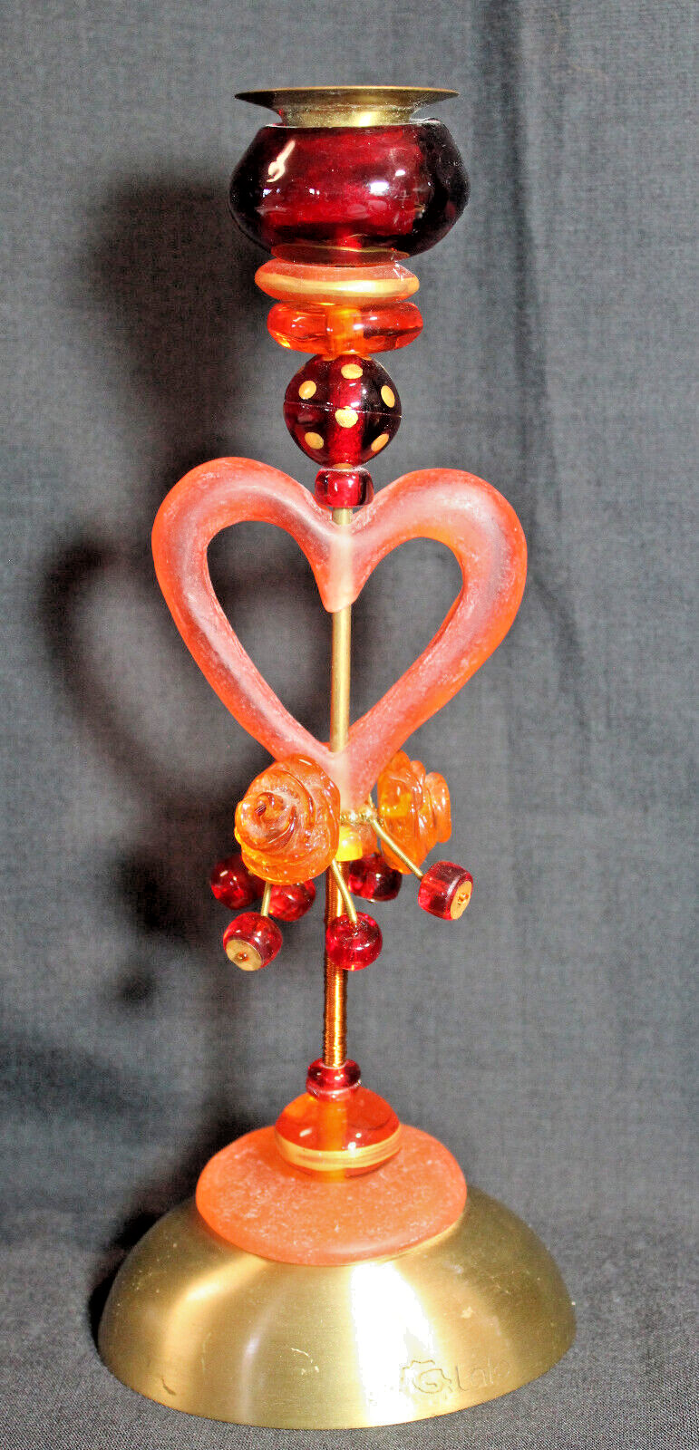 Vintage ORNA LALO Heart Candlestick Holder Brass Resin Signed