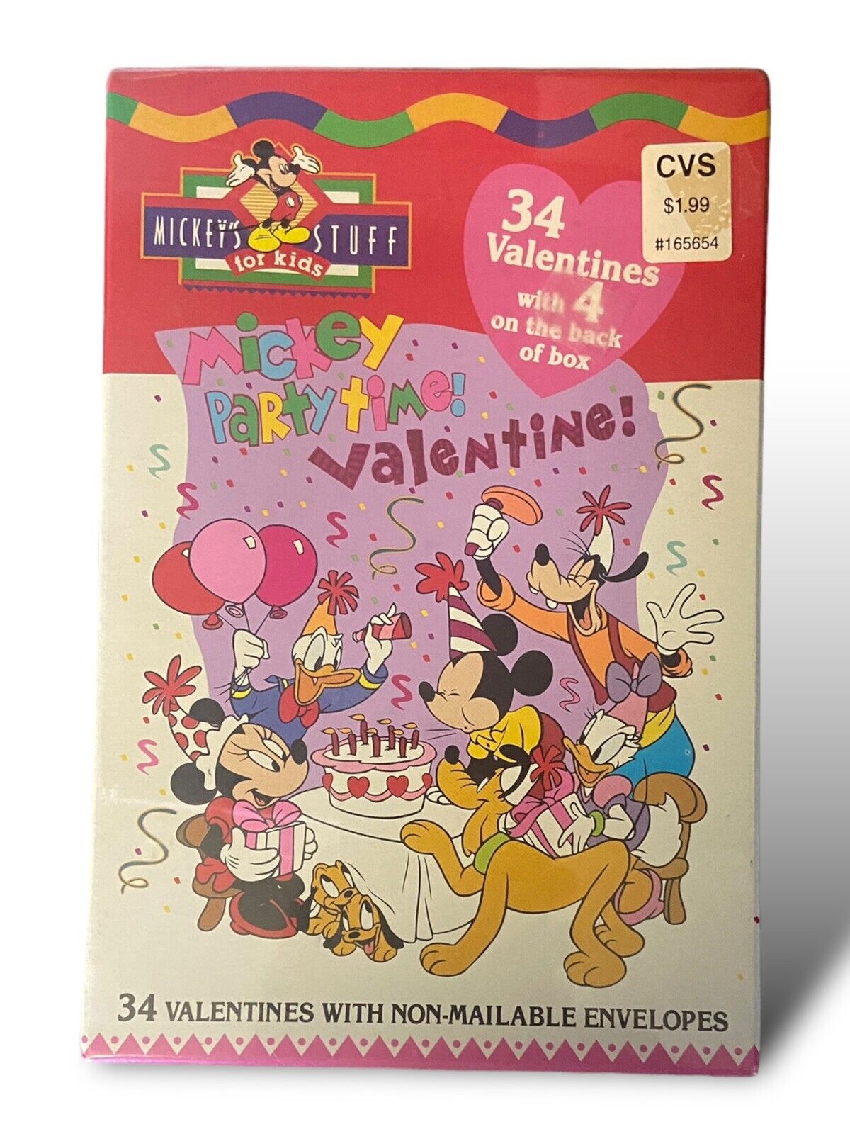 Vintage Disney Box Of 34 Mickey Mouse Party Time Valentine\'s Cards and Envelopes