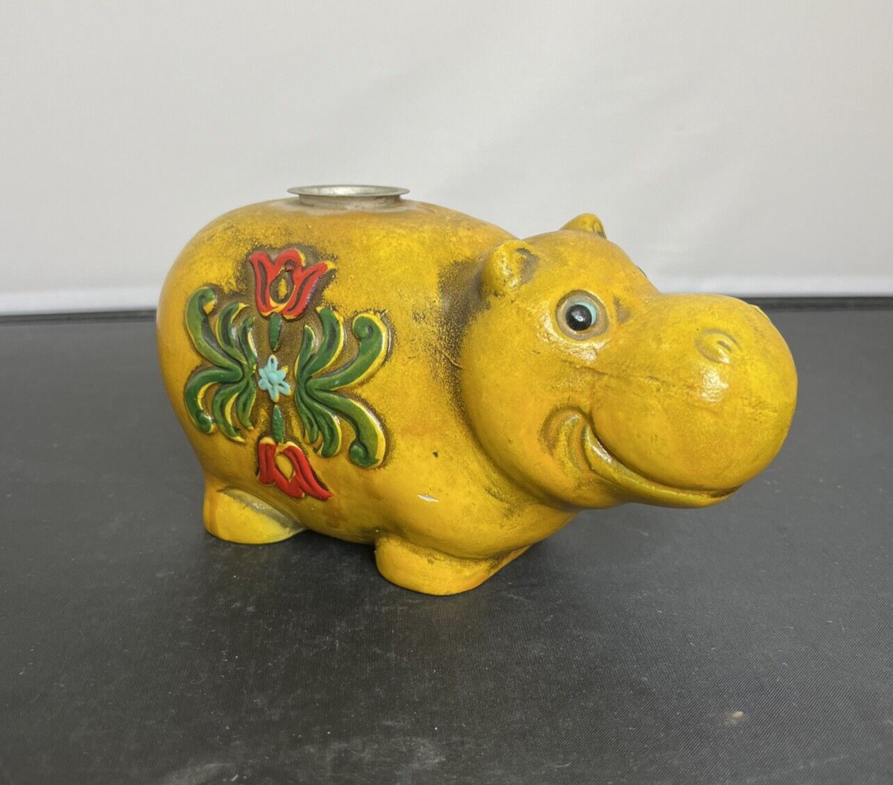 Vintage Hippopotamus House Hippo Candle Holder Pottery Yellow Floral Boho Chrty