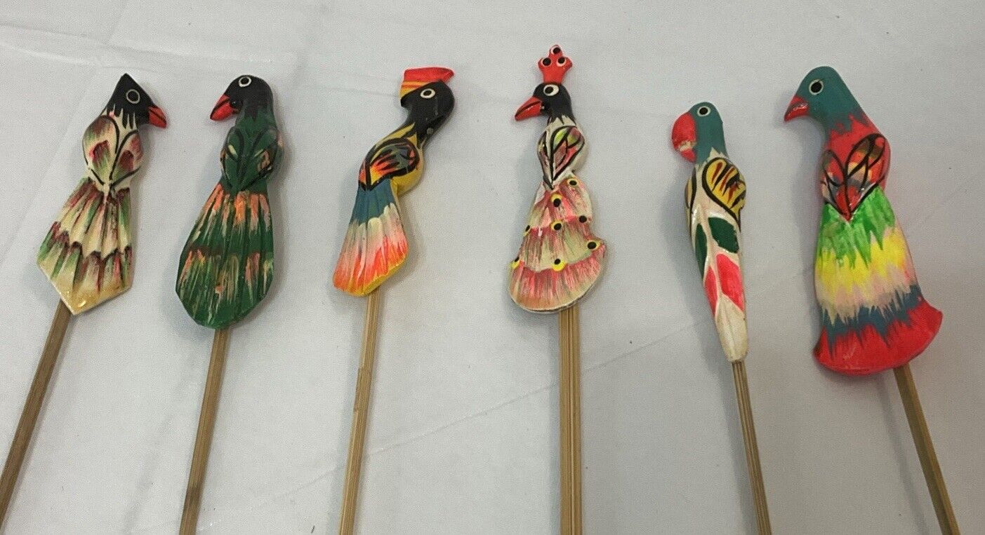VTG Set/6 Barware Philippines Wood Bird Luau Tiki Party Stirrers Swizzle Sticks