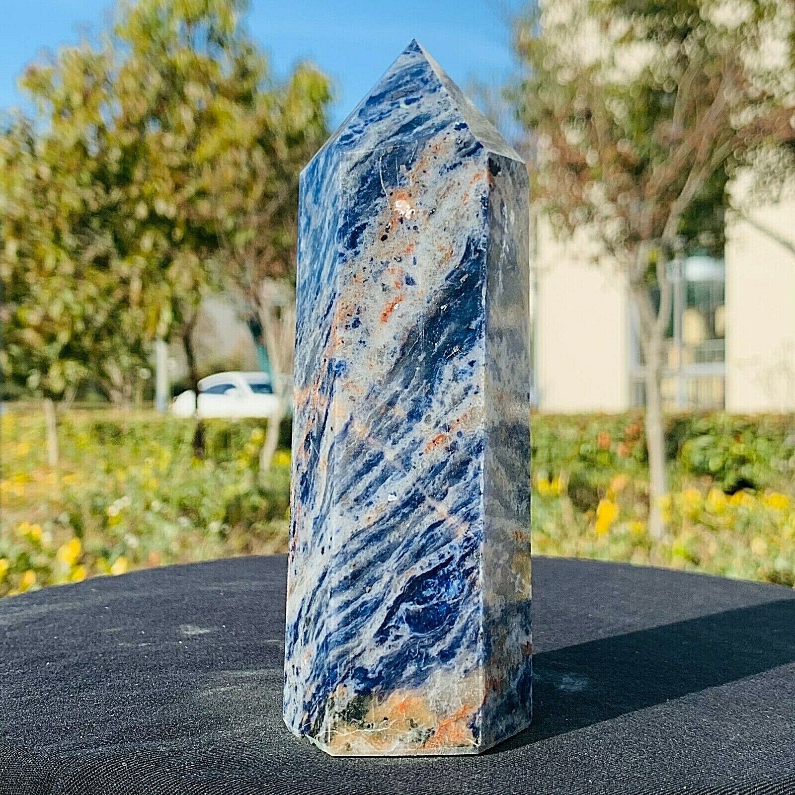 533G Natural blue stone obelisk quartz crystal energy column