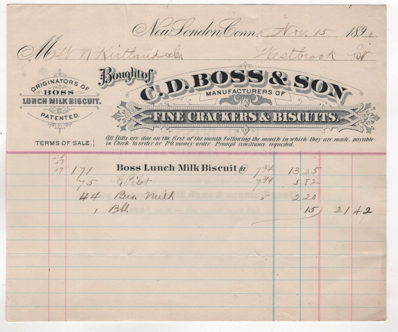 1890 C D BOSS & SON FINE CRACKERS & BISCUITS LUNCH MILK BISCUIT NEW LONDON CT