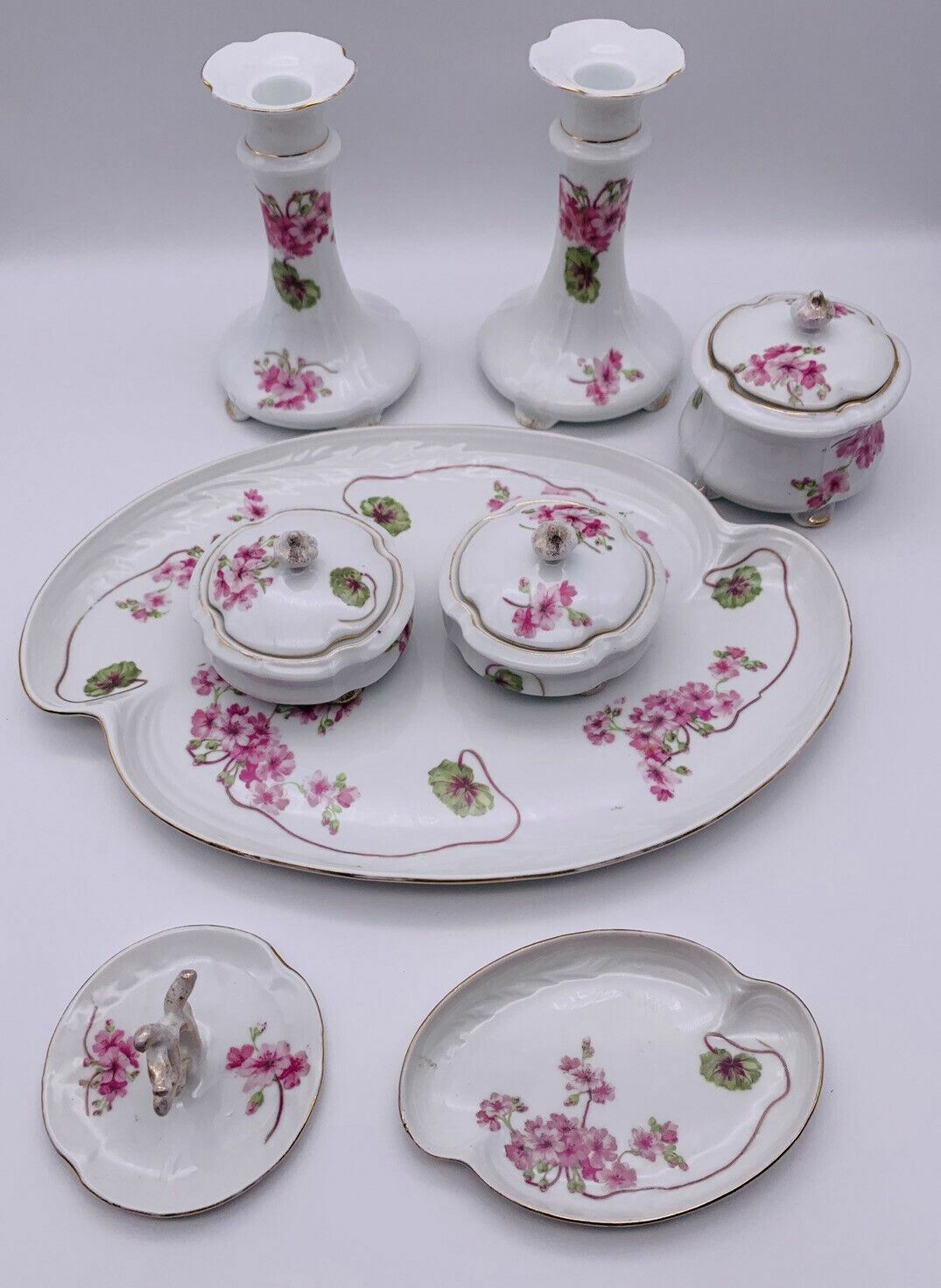 Vintage 11 Piece Porcelain China Vanity Set Pink & Green Floral with Gold Trim