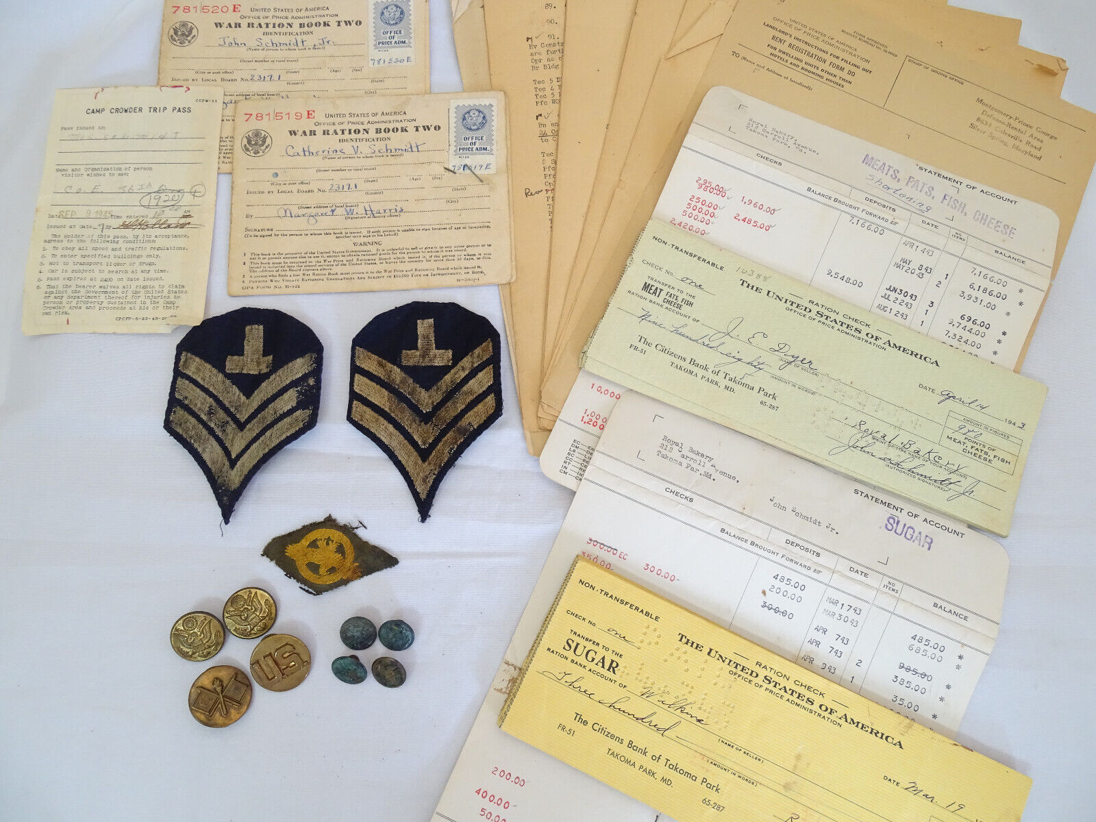 Assorted Vintage World War II Patches, Buttons, Ration Books and Checks, Etc.