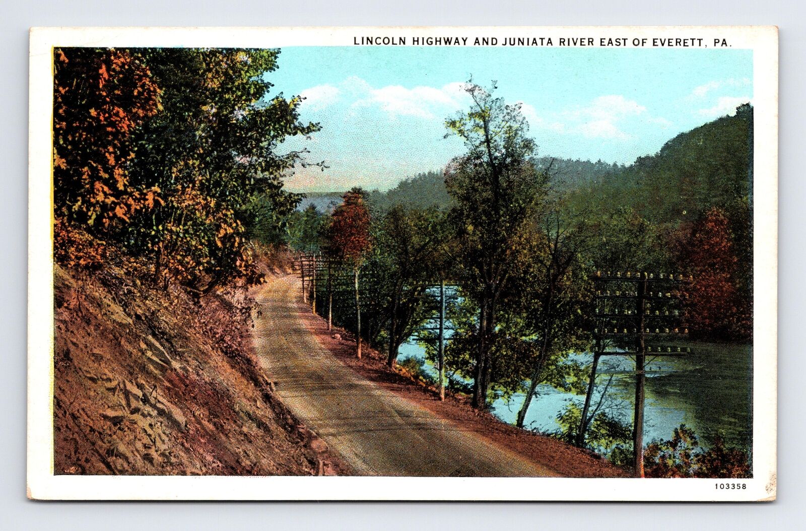 WB Postcard Everett PA Pennsylvania Lincoln Highway Dirt Road & Juniata River