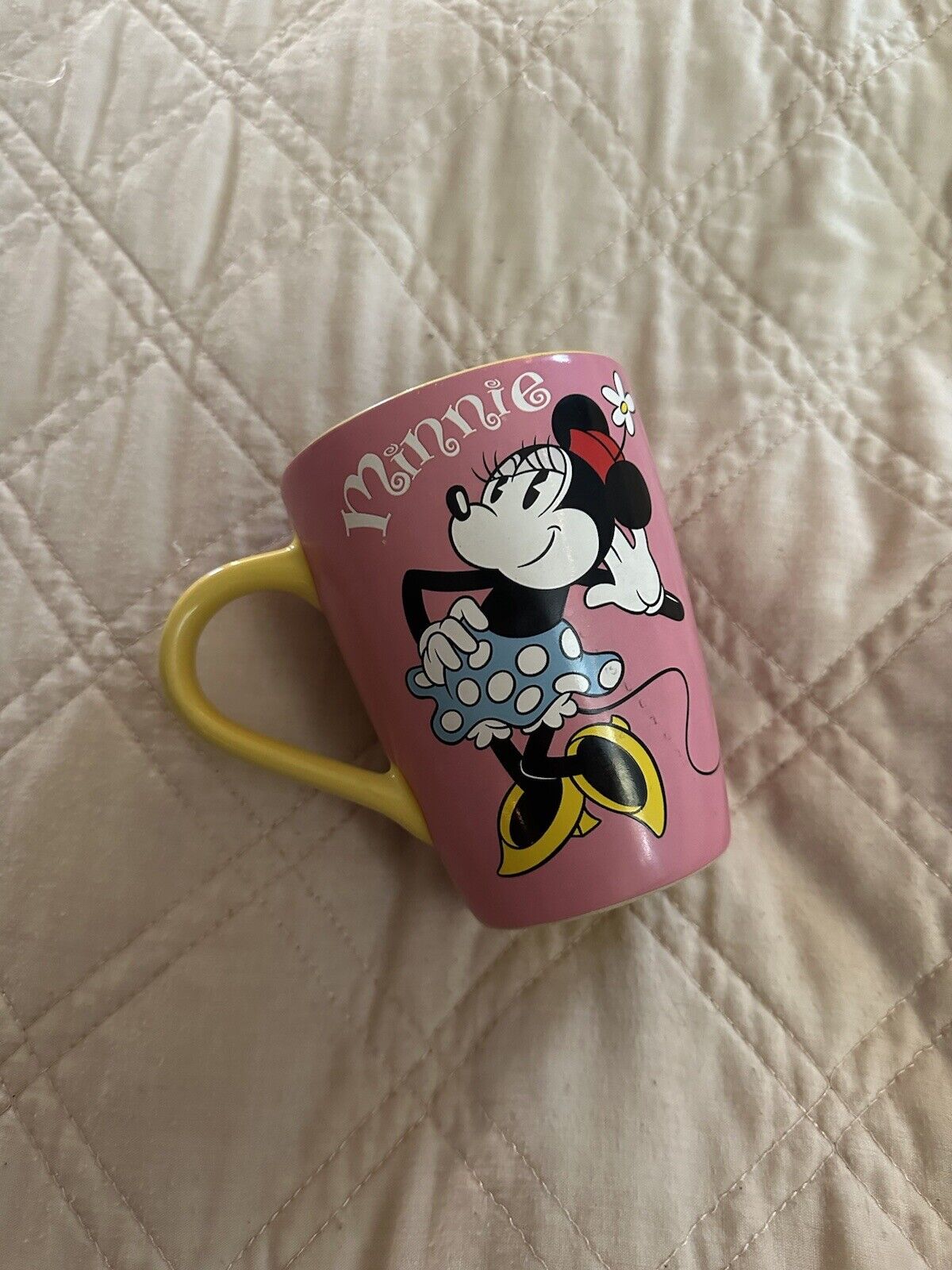 Authentic Disney Store Minnie Mouse Mug Coffee Cup 2 Sided Pink Yellow 2016