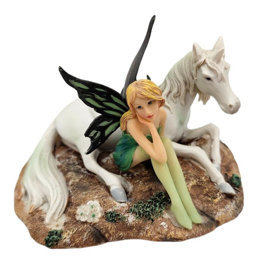 Vintage 1990s Polystone Unicorn Fairy Princess Figurine Whimsical Fantasy Green