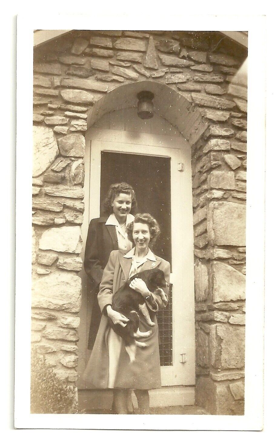 1940s Real VTG Photo Dog Sisters Ladies Doorway Stone Wall Snapshot 3.0 x 4.5