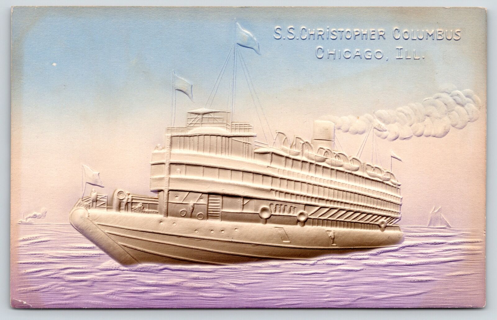 Chicago IL~SS Christopher Columbus Steamer~Blue Purple Airbrushed Embossed 1909