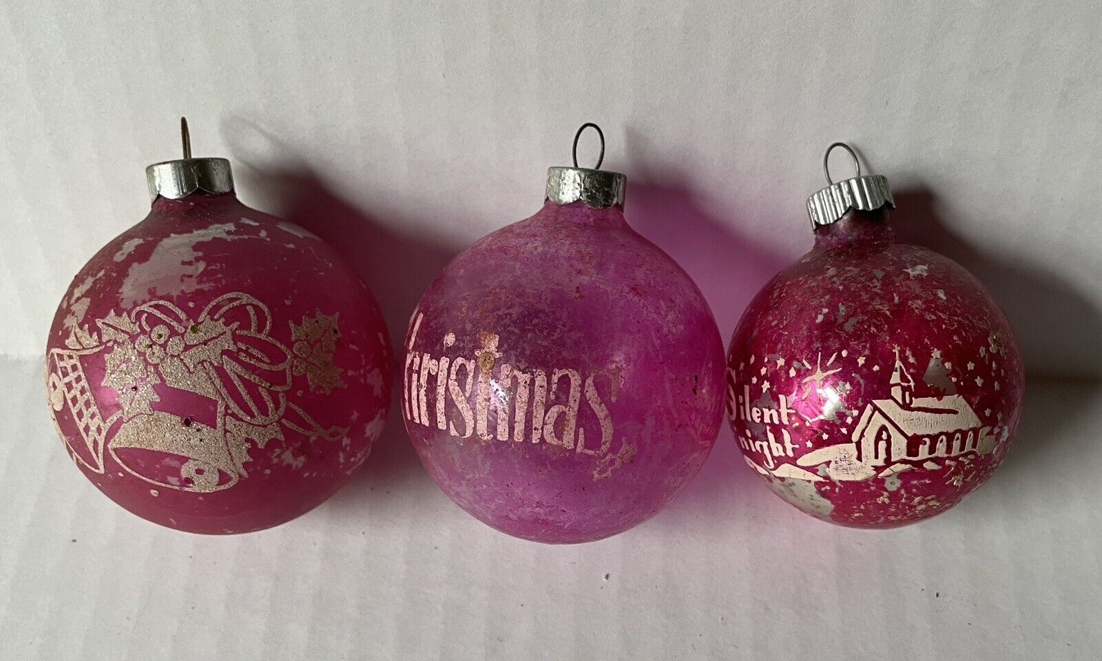 Vintage Pink White Stencil Glass Ornament Lot Of 3 Poor Condition