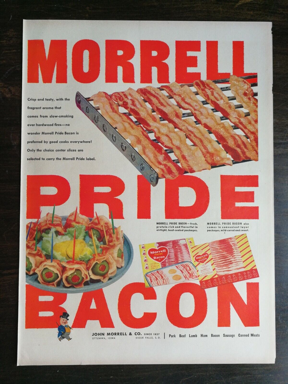 Vintage 1952 Morrell Pride Bacon Full Page Original Ad  721