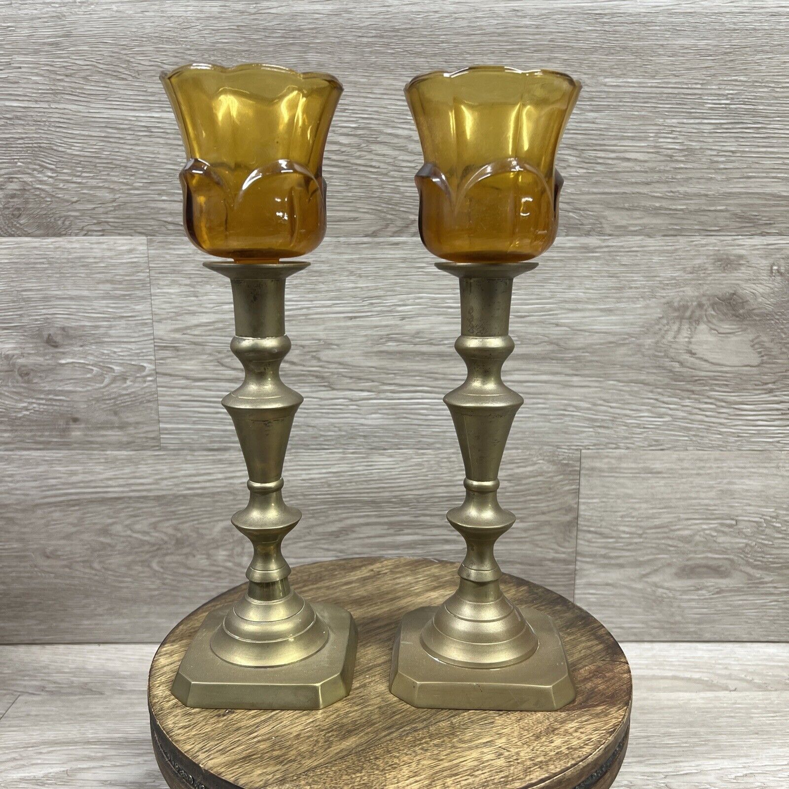 Vintage Solid Brass Homco Candle Holder Pair Amber Glass Top Tall MCM EUC 10”