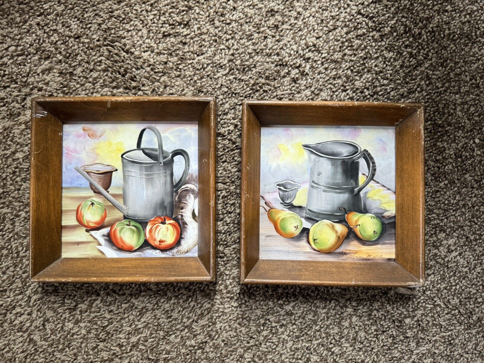 Vintage Framed Painted Tiles Set of 2 by Robin Mara