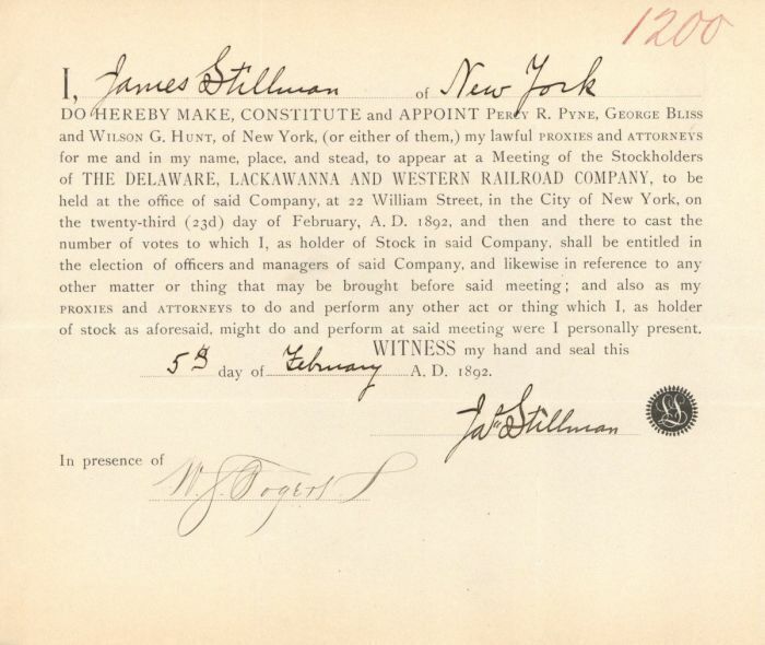 Appointment Issued to and Signed by James Stillman - Autographs - Autographs of 
