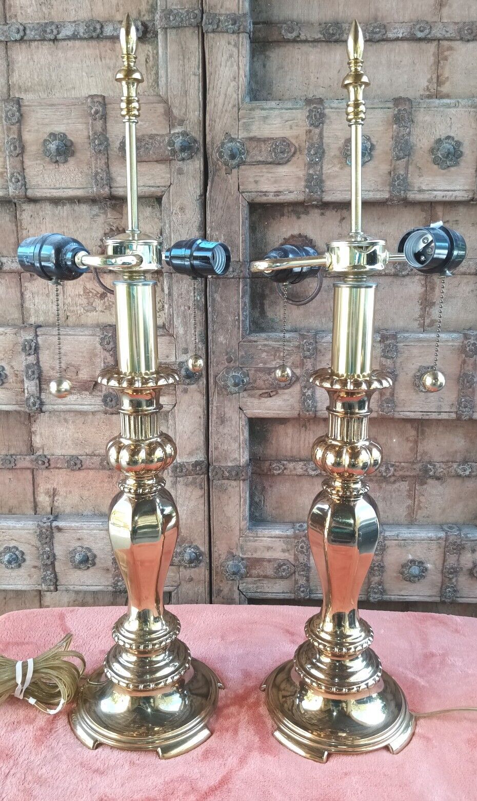 Pair Quality Heavy Polished Brass Double Socket BRASS Column Table Lamps 23.5\