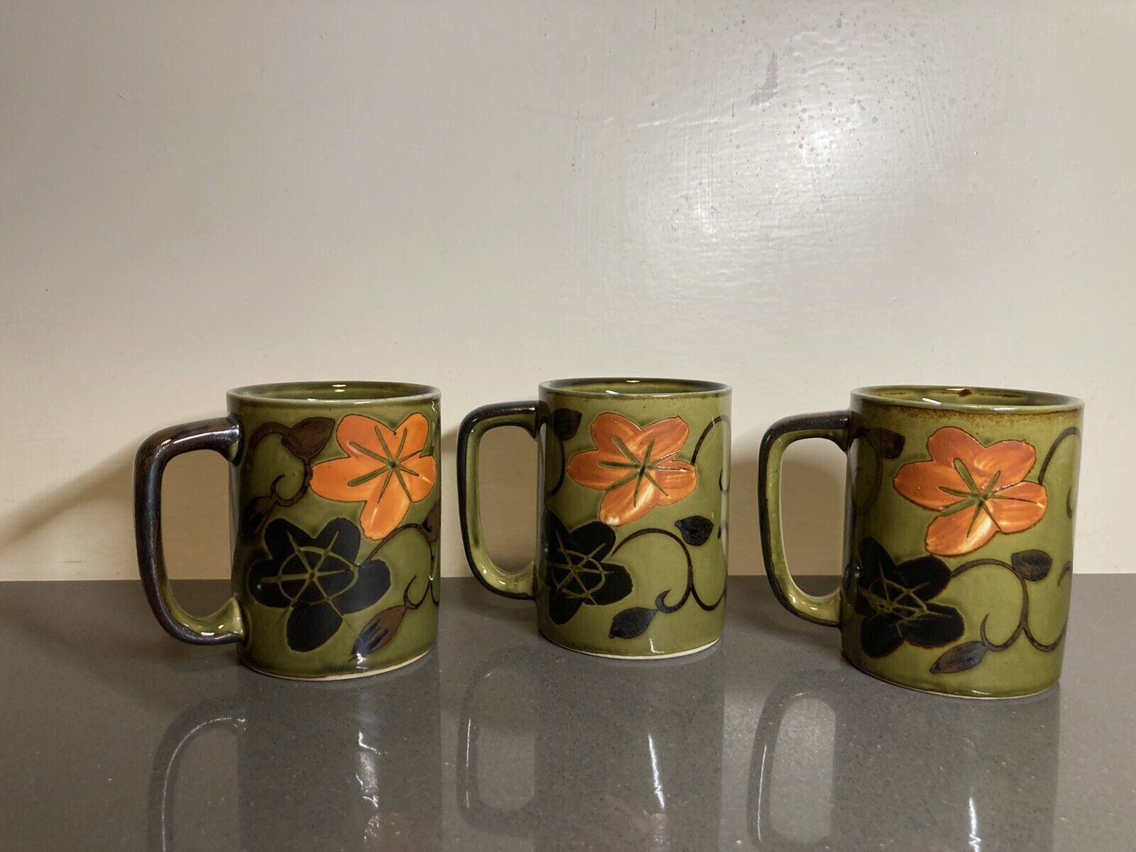 Vintage Otagiri OMC Stoneware Flower Green Mugs Set of 3 With Tags