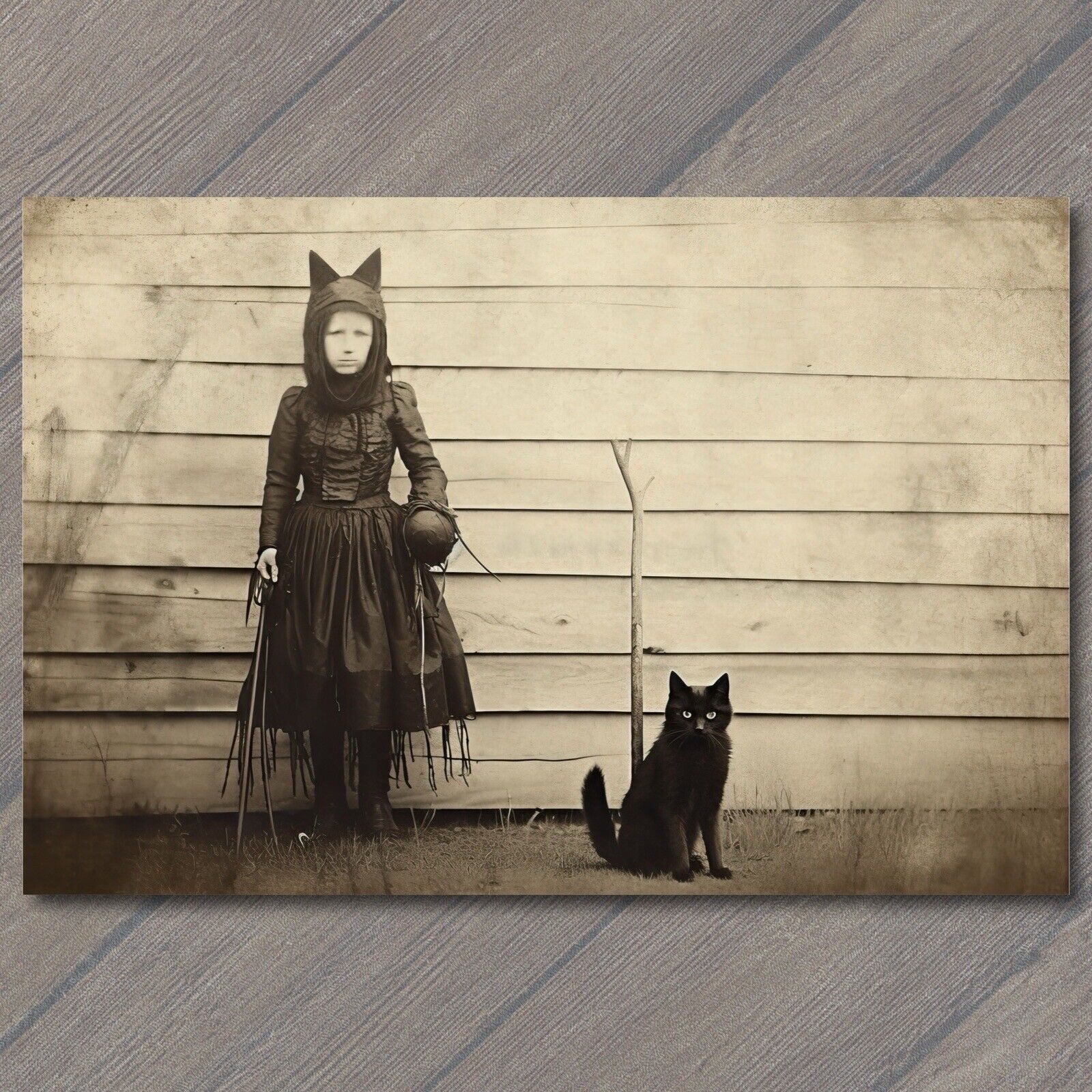 🐈‍⬛ 👻 POSTCARD: Weird Child Scary Vintage Halloween Cat Cult Unusual Unreal