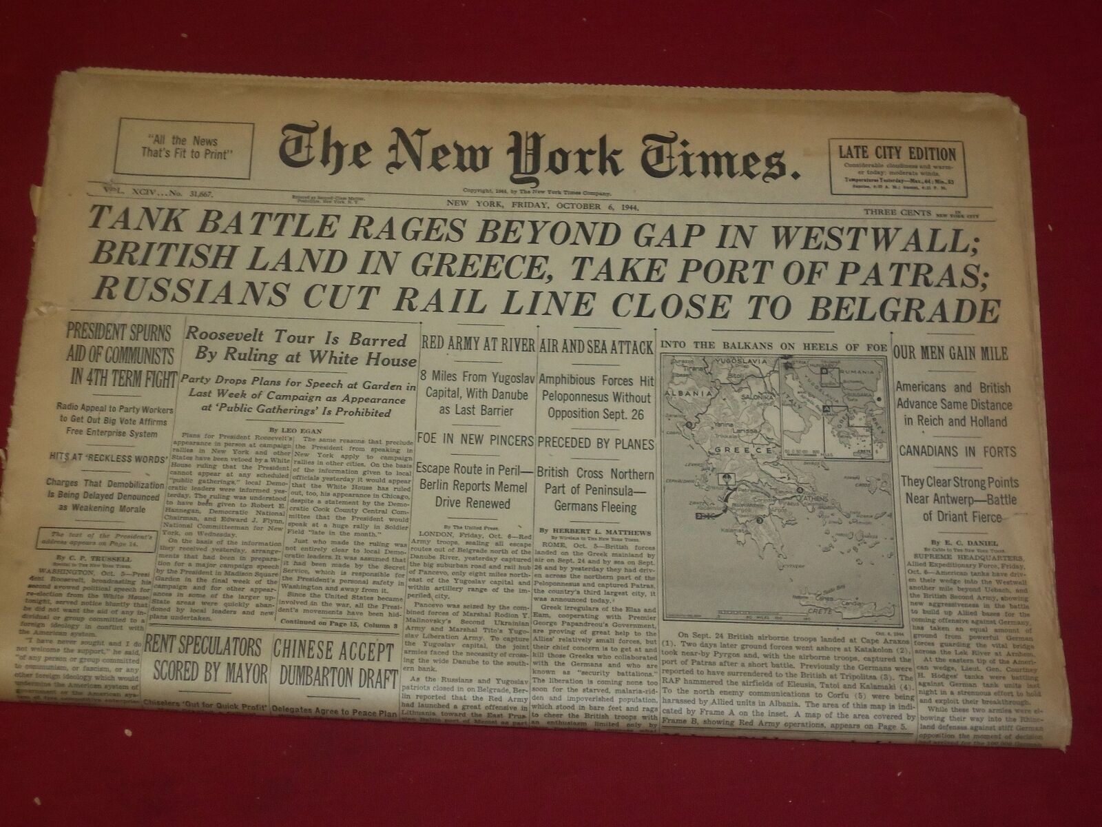 1944 OCTOBER 6 NEW YORK TIMES- TANK BATTLE RAGES BEYOND GAP IN WESTWALL- NP 3811