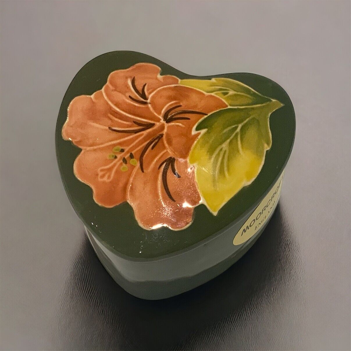 Vintage Heart Shaped Moorcroft Pottery Green Trinket Box with Hibiscus Pattern