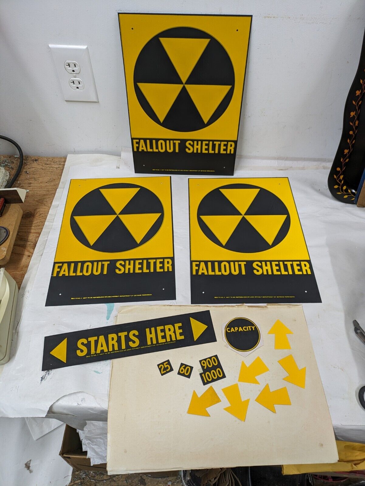 3 Vintage 1960\'s Fallout Shelter signs - Overlays shipping paper NOS sign