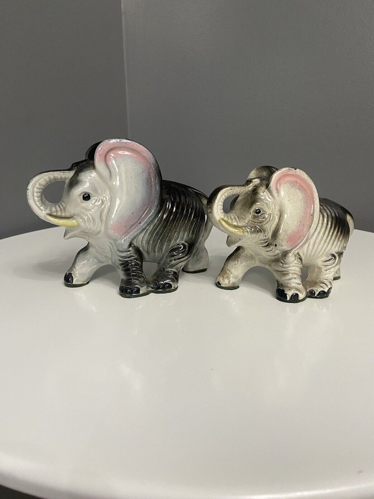 VTG 2 Gray Elephant Figurines W/Pink Ears Trunks Up Porcelain Japan Luck