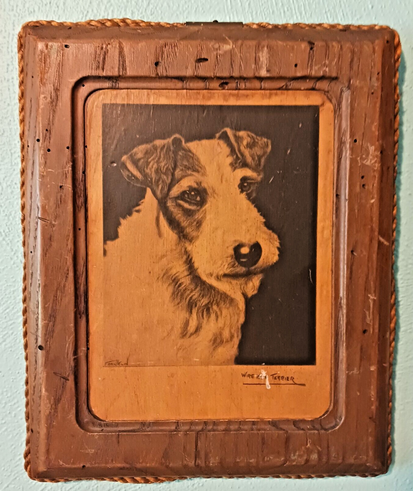 Vintage Picture of Wire Hair Terrier on Wood Frame-  11 1/2 x 9\