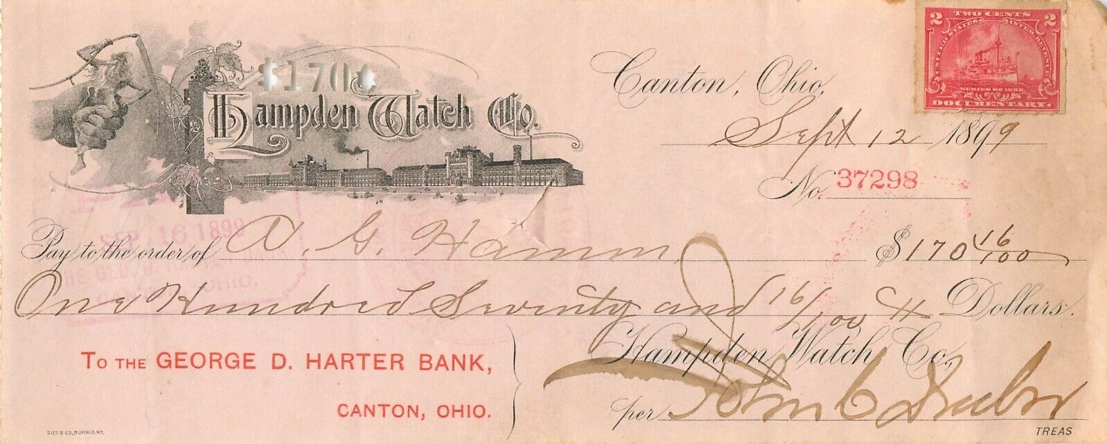 1899 Antique Hampden Watch Company Reciept to George Harter Bank Canton, Ohio