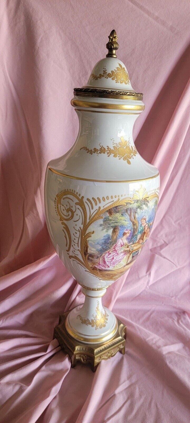 Antique Porcelain Sevres Vase Hand Painted 23 1/2” High  8” Wide