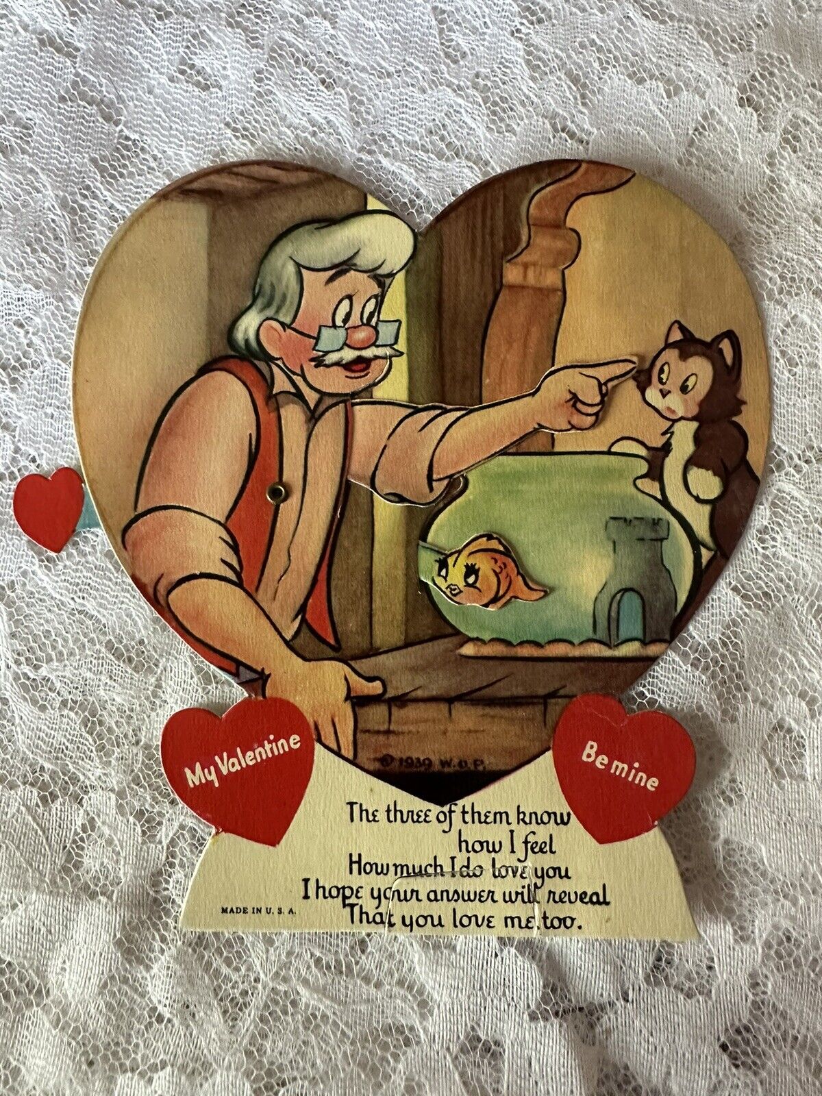 VTG 1939 Disney Pinocchio Valentines Day Die Cut Mechanical Movement USA