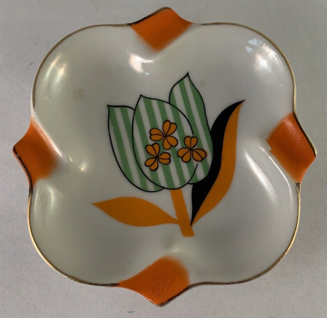 Vintage 1960\'s Porcelain Ashtray Trinket Dish Tulip Shamrocks Orange/Green Japan