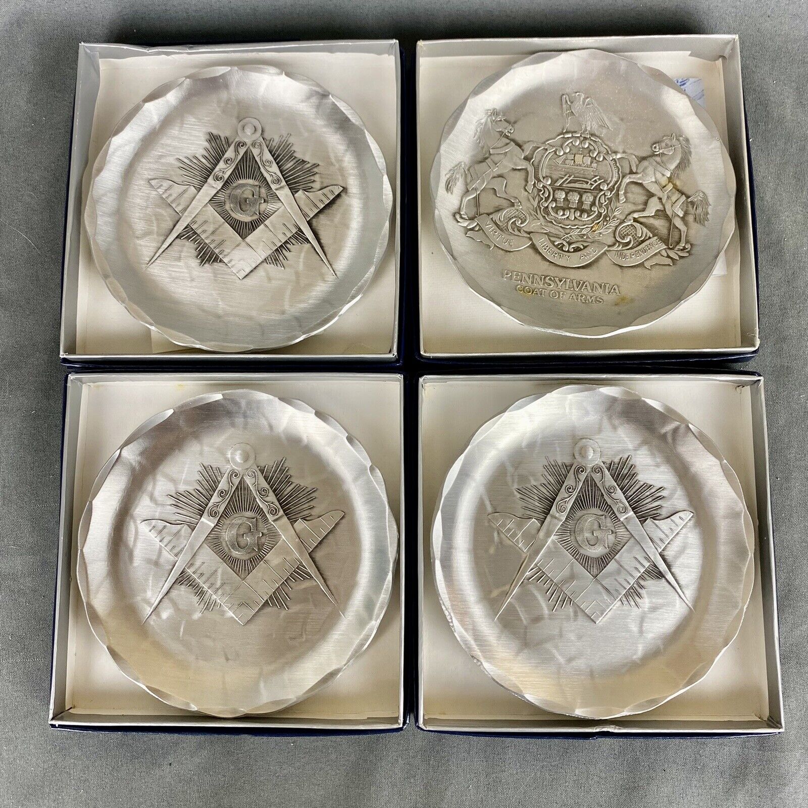 Wendell August Forge Lot of 4 Small Pewter Plates Masons