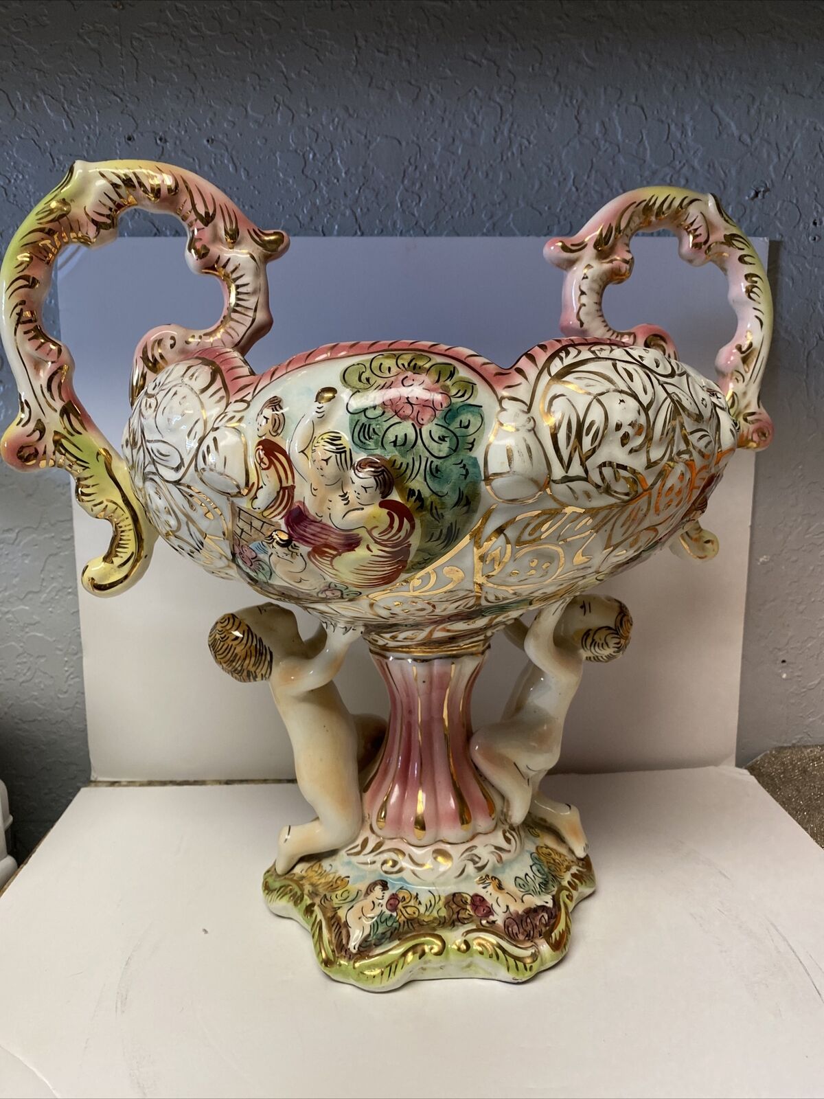 Vintage Italian Capodimonte Large Porcelain Figural Centerpiece Bowl With Handle