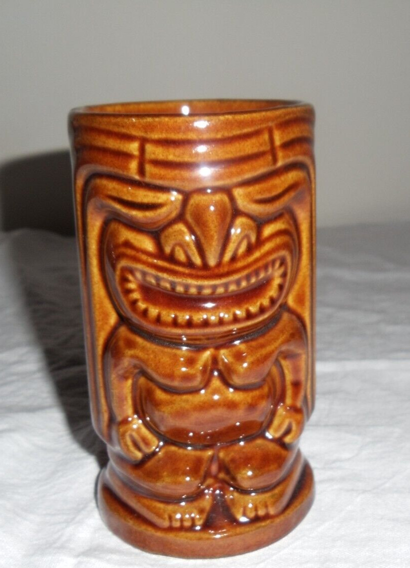 Vintage Tiki Leilani Brown Ceramic Hawaiian Cup Mug Double Sided USA 5\