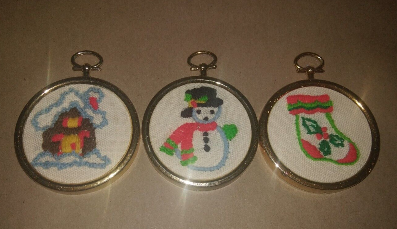 3 Finished Vintage Cross-Stitch Ornaments Complete / Framed Christmas Small