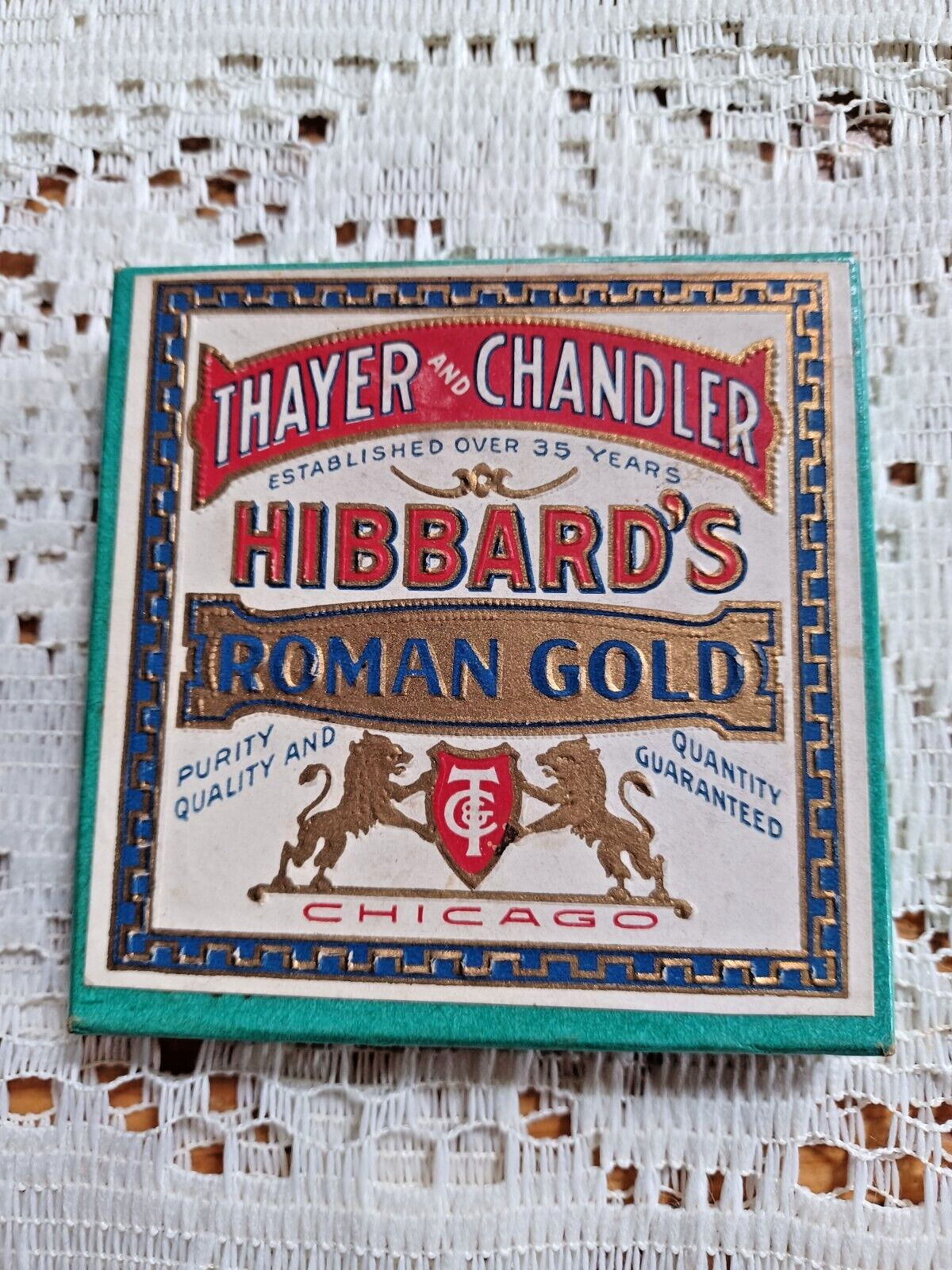 Vtg Thayer & Chandler Hibbard\'s Roman Gold Paint Metal & Glass Container in Box