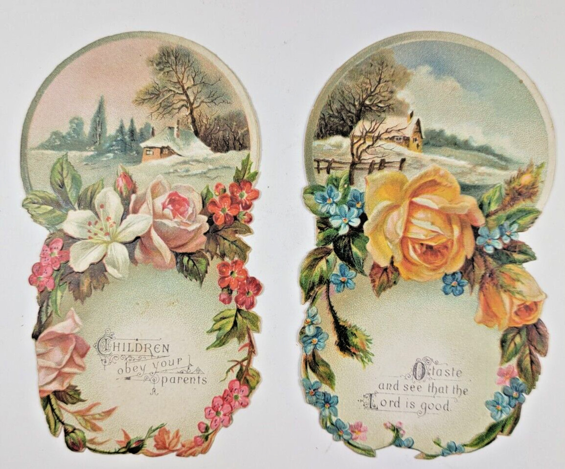 Lot of 2 Victorian Religious Trade Cards Bible Quote Lovely Flowers