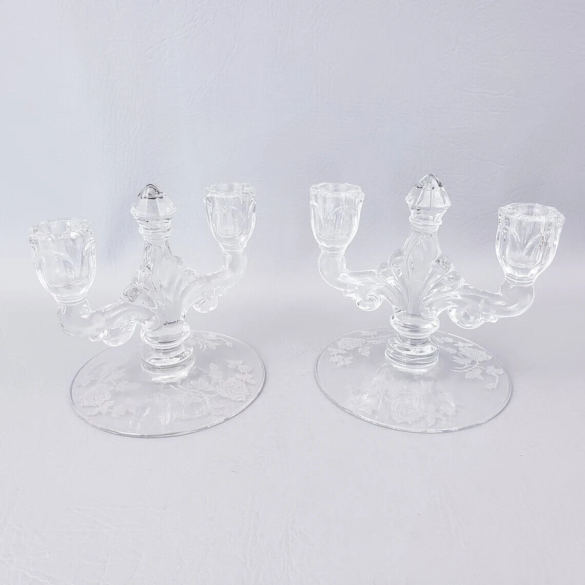 Vintage Pair of Etched Flower Clear Glass Double Candlesticks Candle Holders