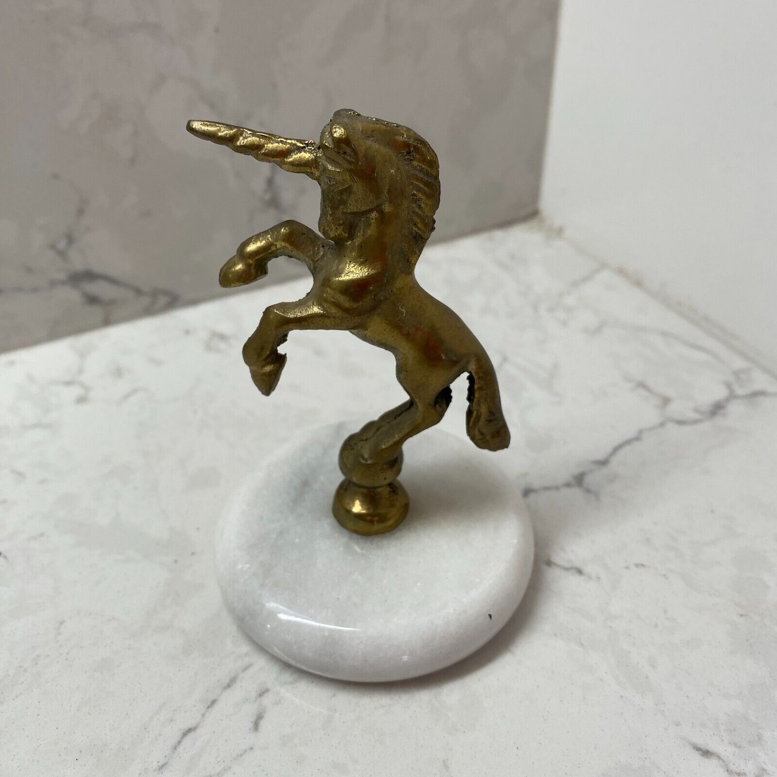 Vintage Home Decorative Brass Fantasy Rearing Unicorn Figurine with Marble Base