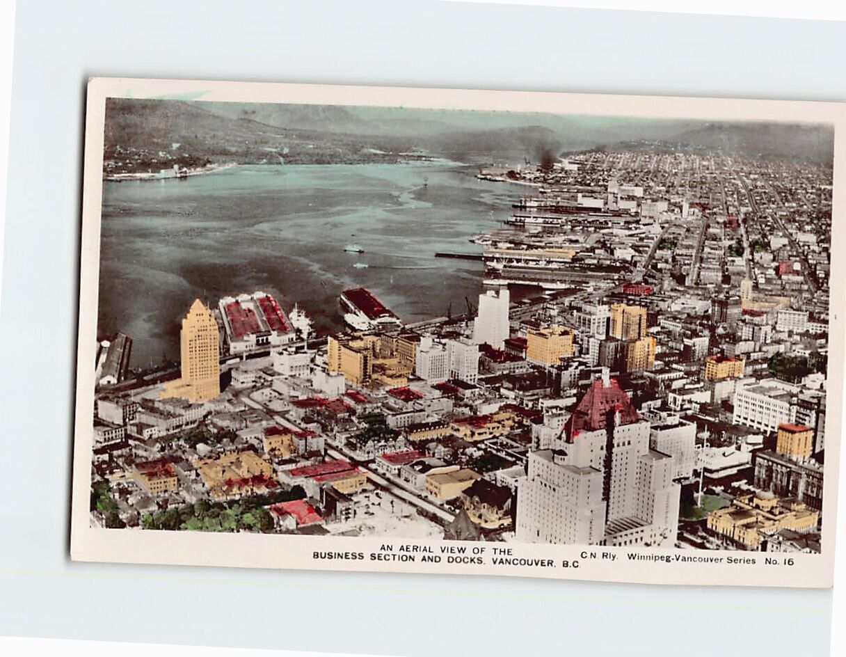 Postcard Aerial View of the Business Section & Docks Vancouver British Columbia
