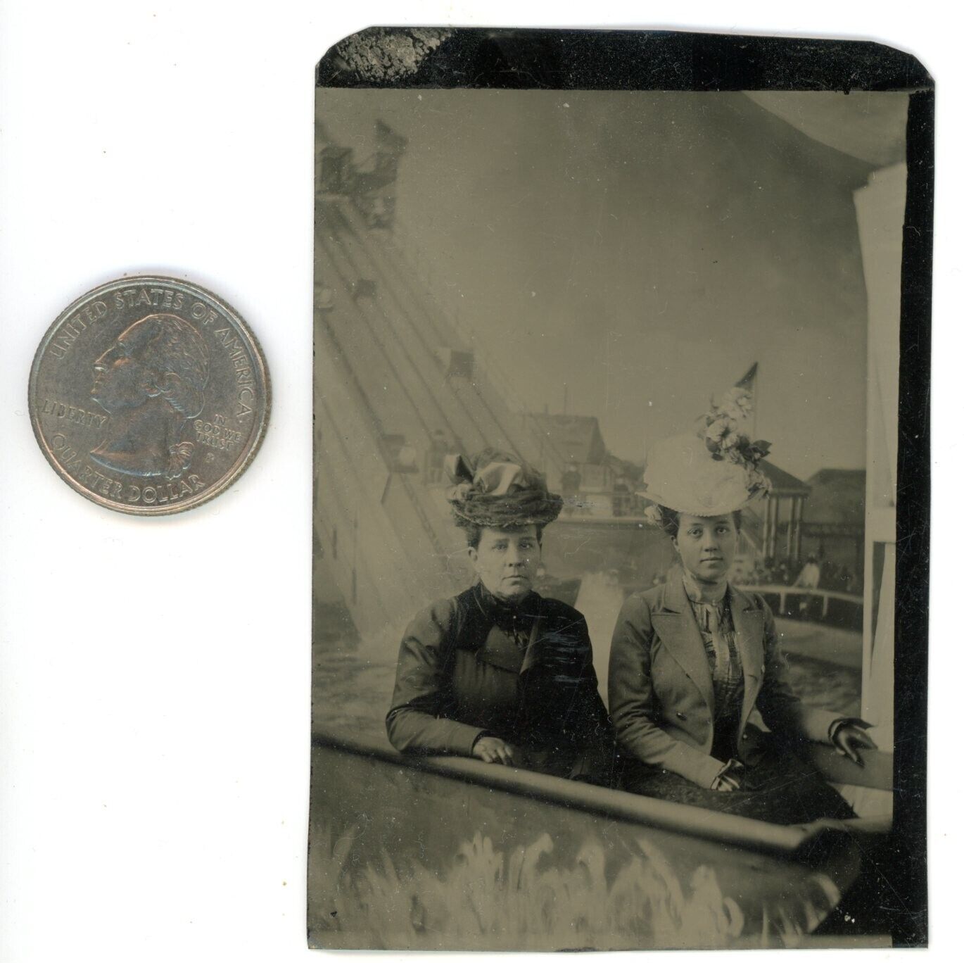 Coney Island Brooklyn NYC NY - TWO WOMEN W/HATS CHUTES RIDE - c1880s Tintype 