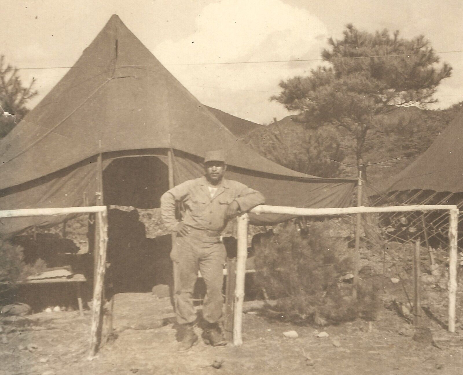 Old Vintage Korean War Photo Black African American US Army Soldier & Tent Korea