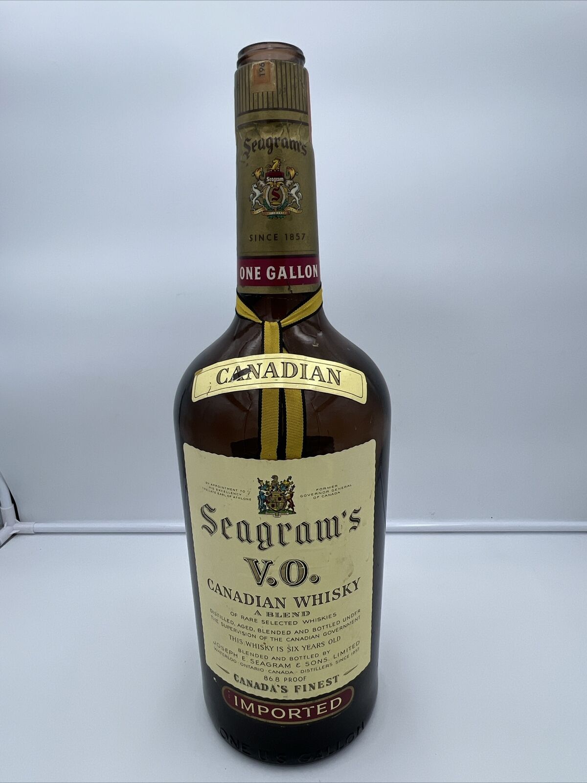 1 Gallon Seagram’s VO Canadian Empty Whisky Bottle 18.25” Tall 1969 Missing Cap